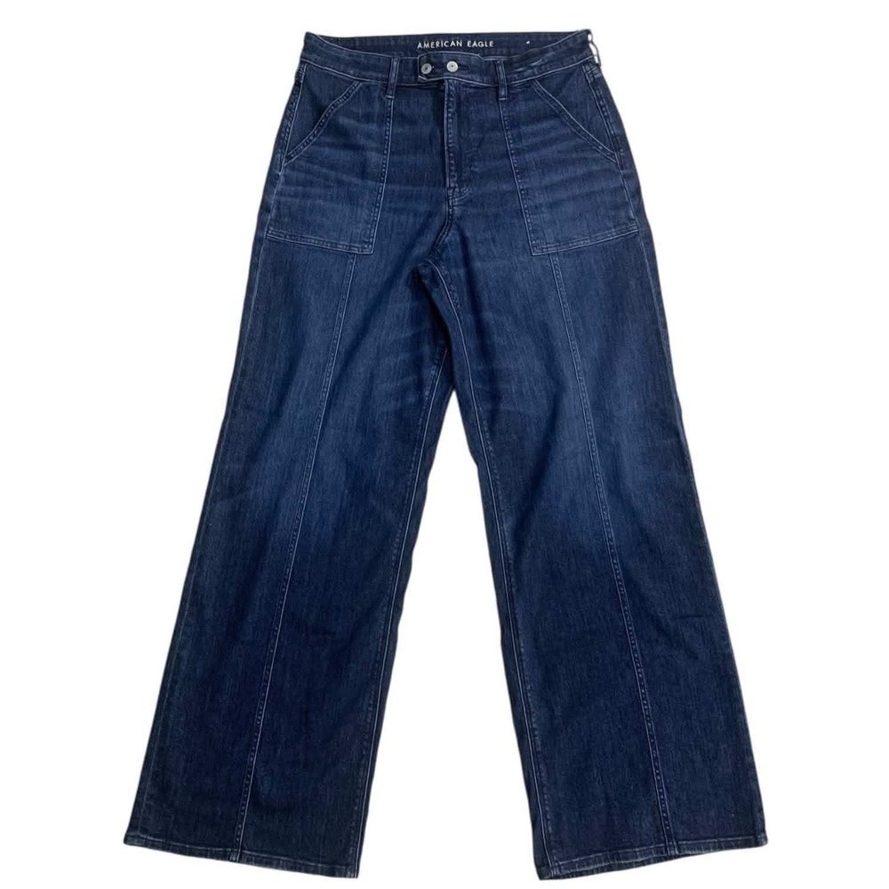 American Eagle Baggy Wide Leg Jeans Womens 14 Long Blue Patch Pocket Boho Core
